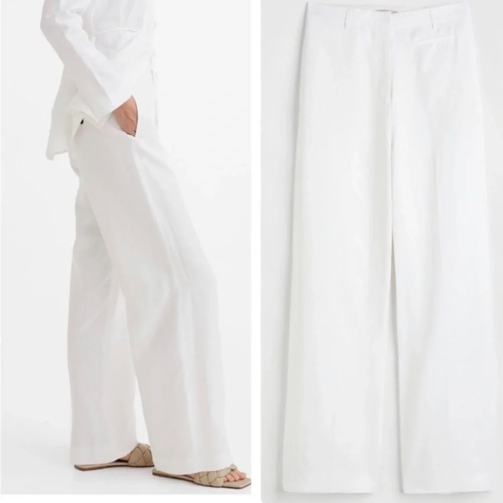 NWOT H&M White Linen Blend Trousers Wide Leg Size:20